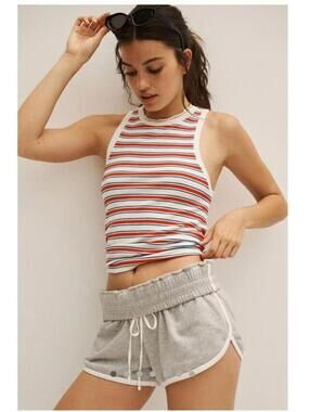 Anthropologie Maeve RIBBED RACERBACK TANK Top Nautical Stripe in Red Motif S